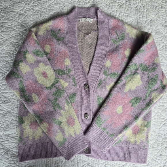 Mango Pastel Floral V-Neck Jewel Button Cardigan - Purple - Picture 2 of 13